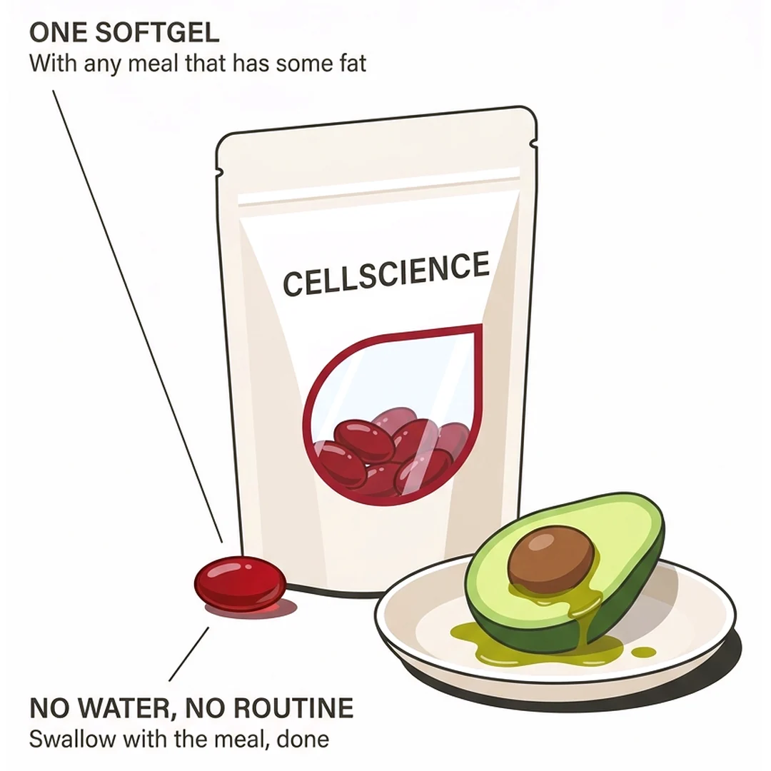 Step 1: one CellScience softgel with a meal that has some fat