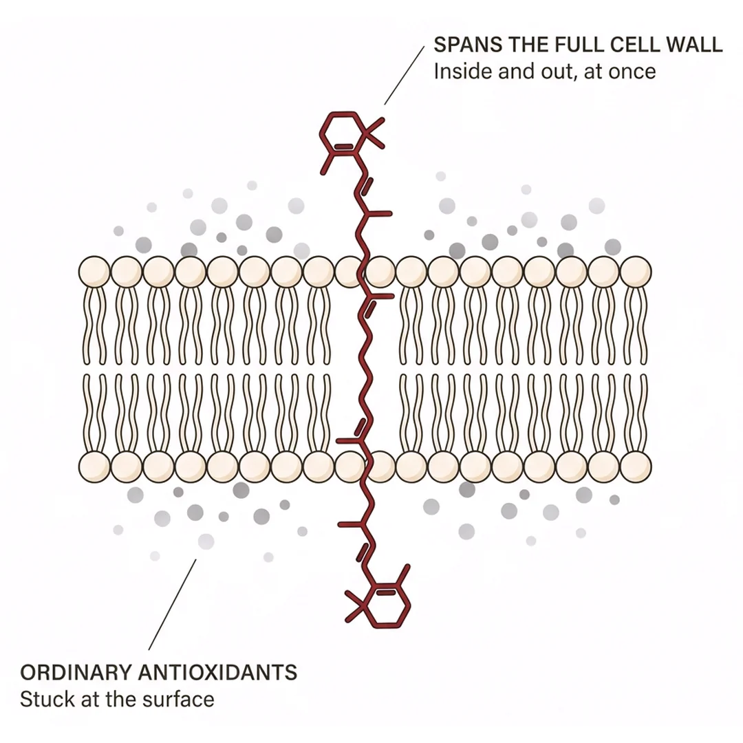 Step 2: the astaxanthin molecule spans the full cell membrane