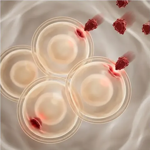 Illustration of body cells being struck by small red particles at their outer walls