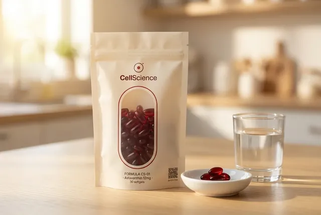 The CellScience bag on a kitchen table in morning light, beside three red softgels on a white dish and a glass of water